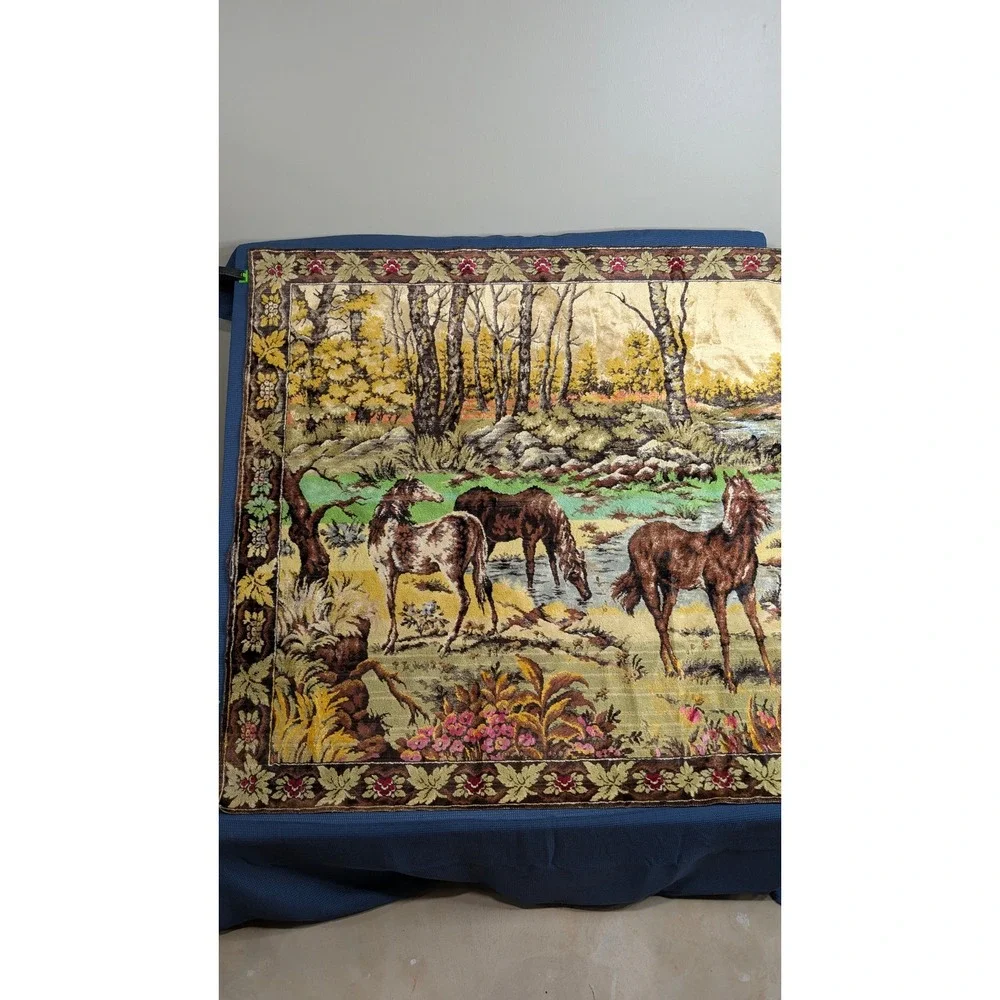 Italian Vintage Velvet Horse Tapestry 4x6 Wild Horses Nature Scene Wall Hanging